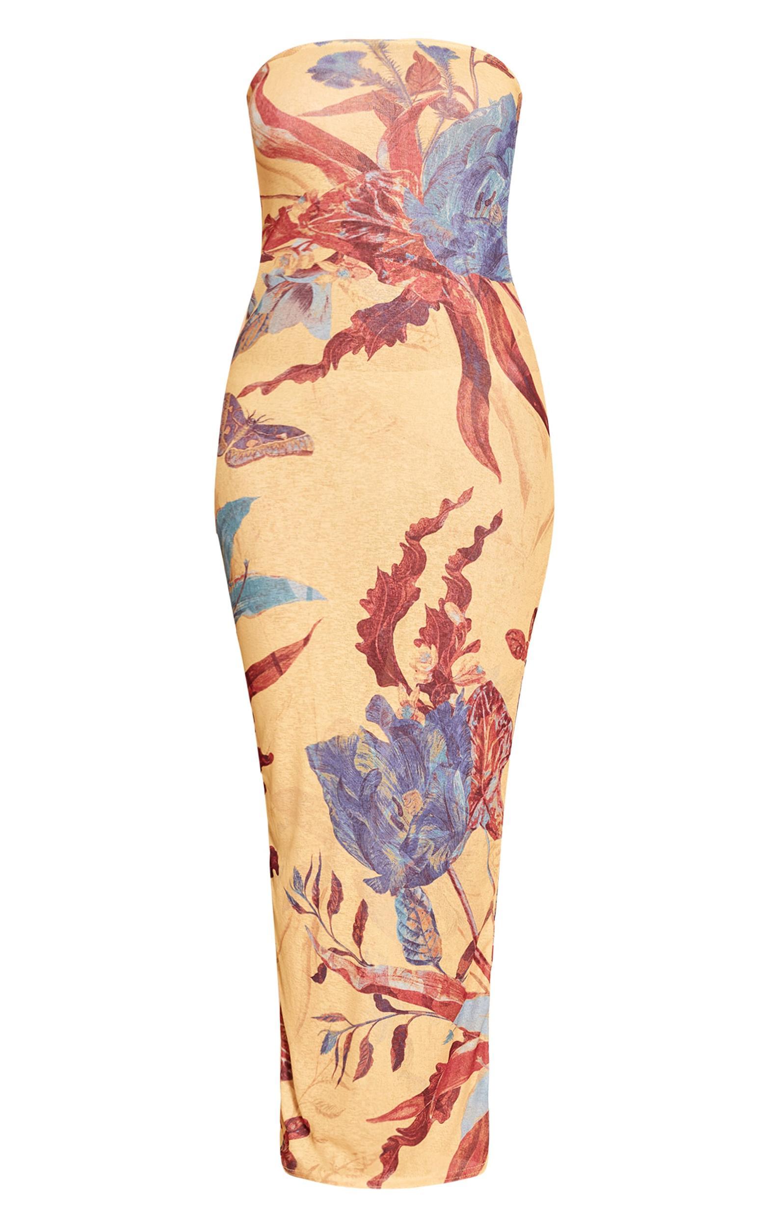 Yellow Floral Abstract Printed Onion Skin Bandeau Maxi Dress Product Image