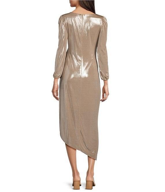 Alex Marie Jenna Foiled Metallic High Boat Neck Long Blouson Sleeve Faux Wrap Ruched Asymmetrical Hem Midi Dress Product Image