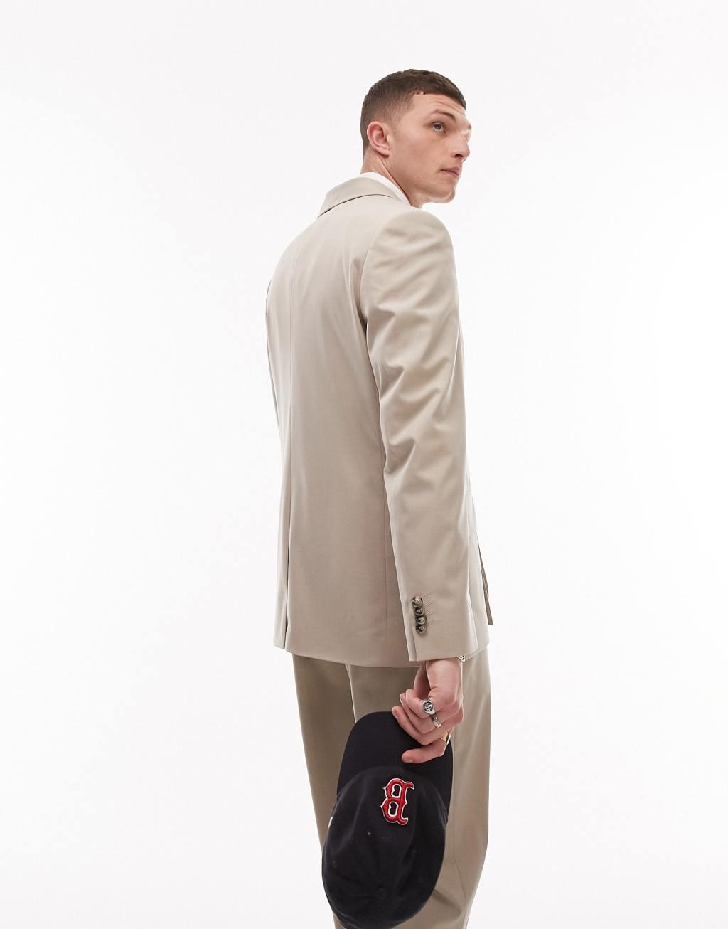 Topman modern fit shawl collar wrap suit jacket in stone Product Image