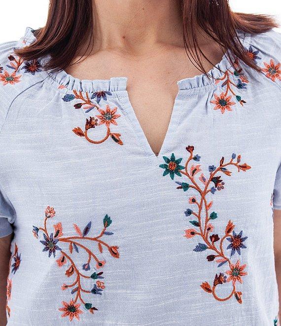 Aventura Lorena Floral Embroidery Split V-Neck Raglan Sleeves Mini Ruched Woven Top Product Image