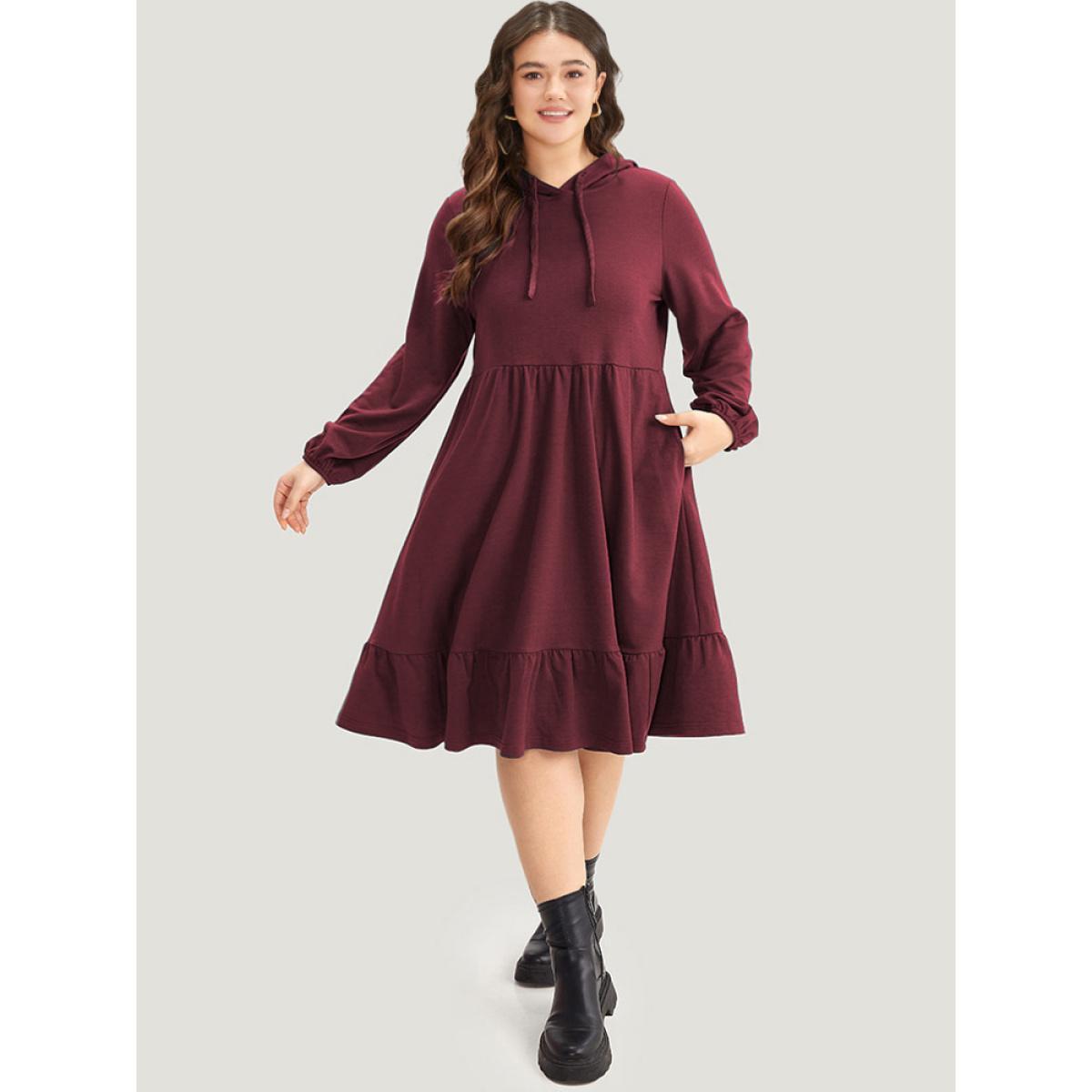 Plus Size Hooded Lantern Sleeve Flutter Hem Dress Scarlet Women Casual Elastic cuffs Hooded Long Sleeve Curvy Midi Dress BloomChic 28/5X Product Image