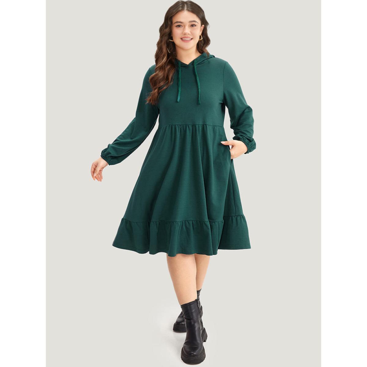 Plus Size Hooded Lantern Sleeve Flutter Hem Dress Scarlet Women Casual Elastic cuffs Hooded Long Sleeve Curvy Midi Dress BloomChic 28/5X Product Image