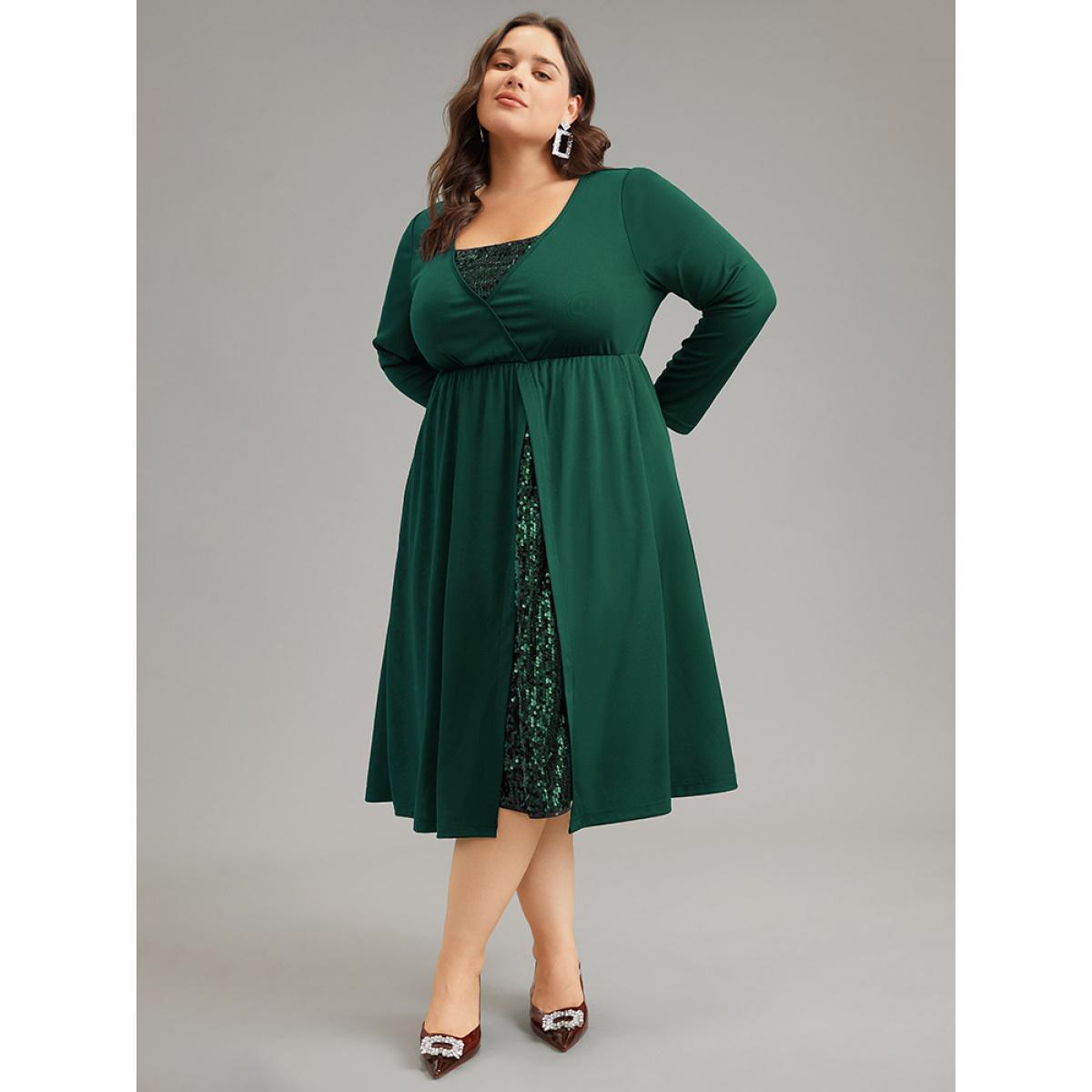 Plus Size Plain Sequin Patchwork Elastic Waist Dress DarkGreen Women Glamour Sequin Square Neck Long Sleeve Curvy Midi Dress BloomChic 22-24/3X Product Image