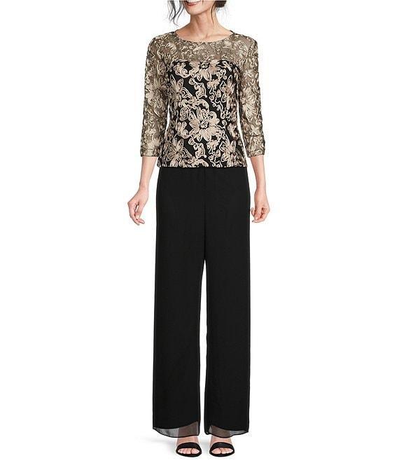 Alex Evenings Illusion Crew Neck 3/4 Sleeve Embroidered Floral Lace Top Product Image