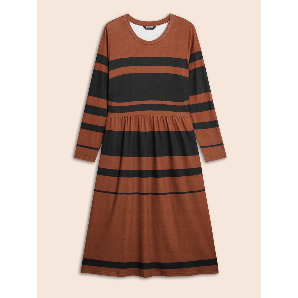 Plus Size Crew Neck Striped Patchwork Elastic Waist Dress Maroon Women At the Office Contrast Round Neck Long Sleeve Curvy BloomChic 18-20/2X Product Image