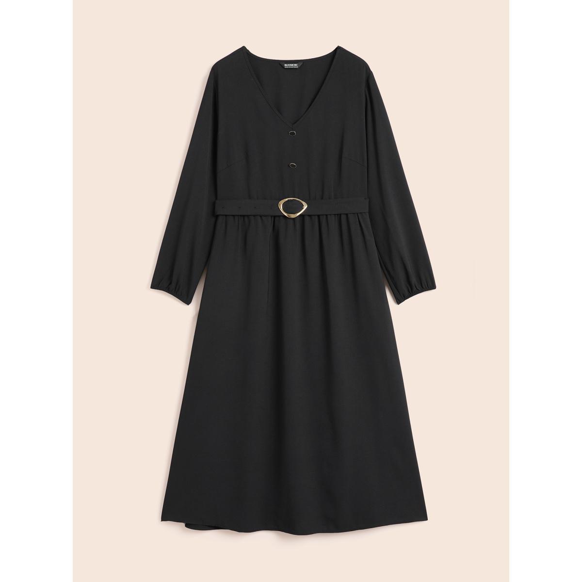 Plus Size V Neck Button Detail Belted Dress Black Women At the Office Belted V-neck Long Sleeve Curvy BloomChic 18-20/2X Product Image