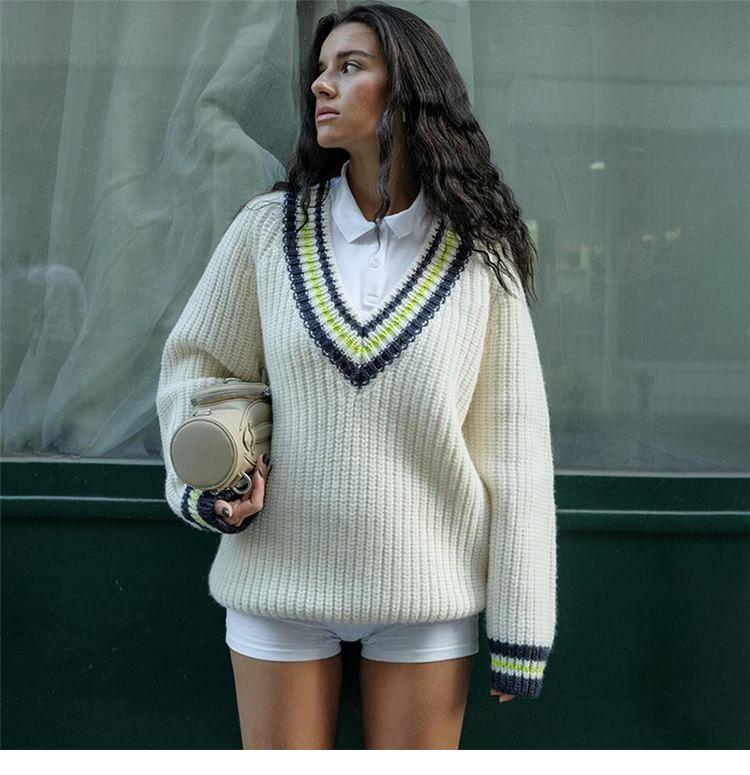 V-Neck Plain Contrast Trim Ribbed Sweater Product Image