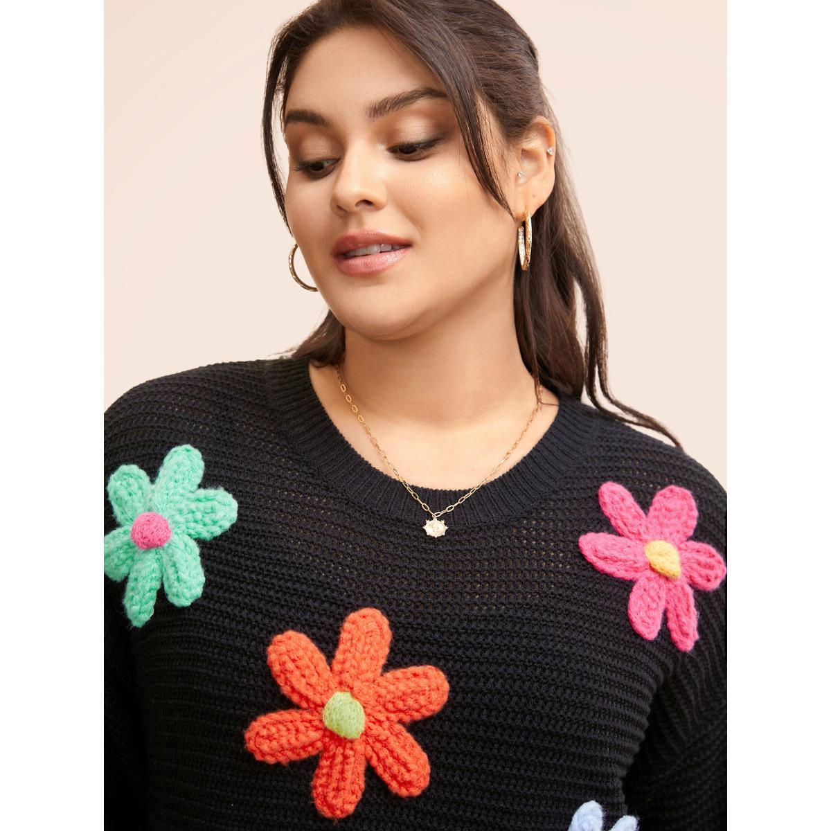 Plus Size Colored Crochet Floral Drop Shoulder Sleeve Pullover Black Women Casual Loose Three Quater Length Sleeve Round Neck Everyday Pullovers BloomChic 30/6X Product Image
