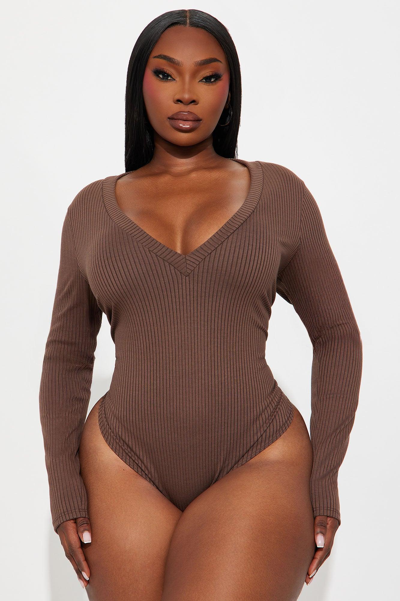 Alora Ribbed Long Sleeve Bodysuit - Brown Product Image