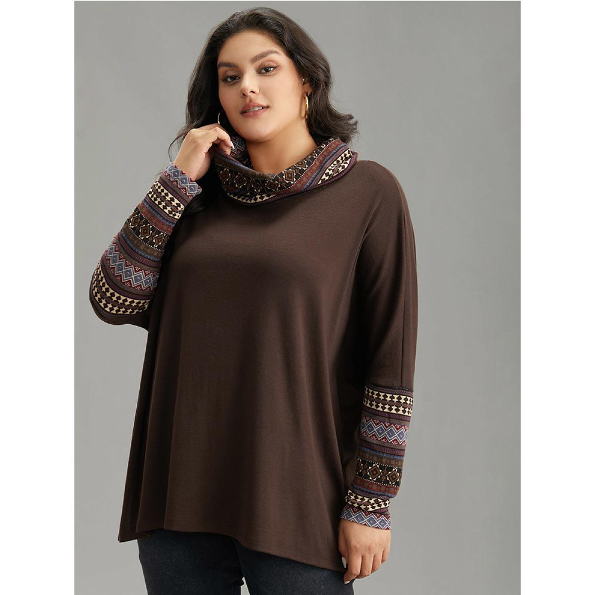 Plus Size Bandana Print Patchwork Turtle Neck T-shirt DarkBrown Women Casual Printed Bohemian Print Turtleneck Dailywear T-shirts BloomChic 30/6X Product Image