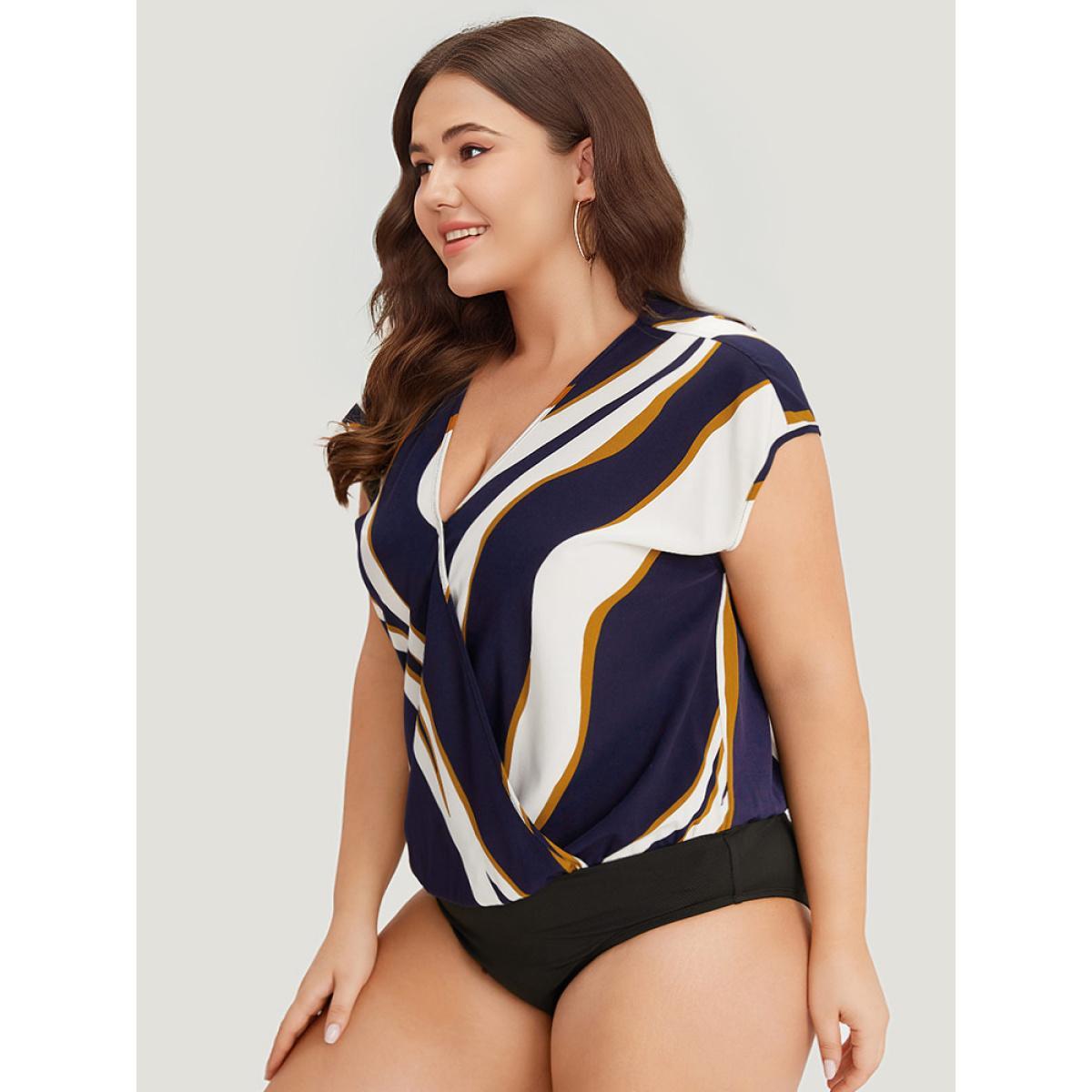 Plus Size Water Ripple Surplice Neck Dolman Sleeve Bodysuit Women Multicolor Water Ripple Wrap Bodysuits BloomChic 28/5X Product Image