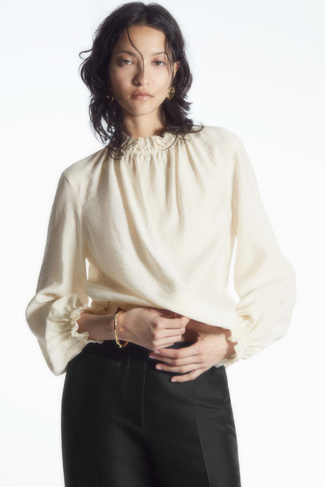 RUFFLED HIGH-NECK BLOUSE Product Image
