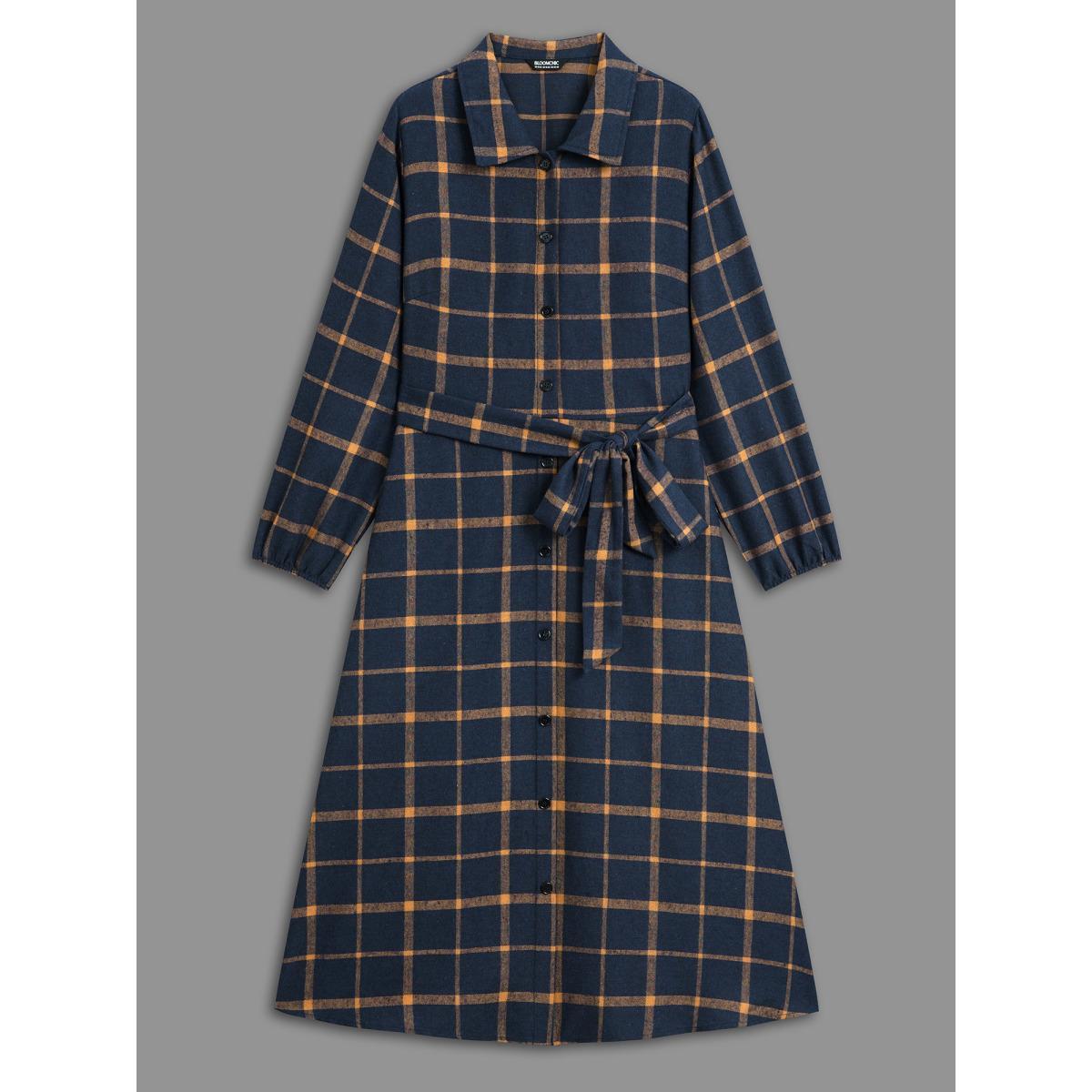 Plus Size Plaid Button Through Belted Dress DarkBlue Women Casual Belted Shirt collar Long Sleeve Curvy BloomChic 12/L Product Image