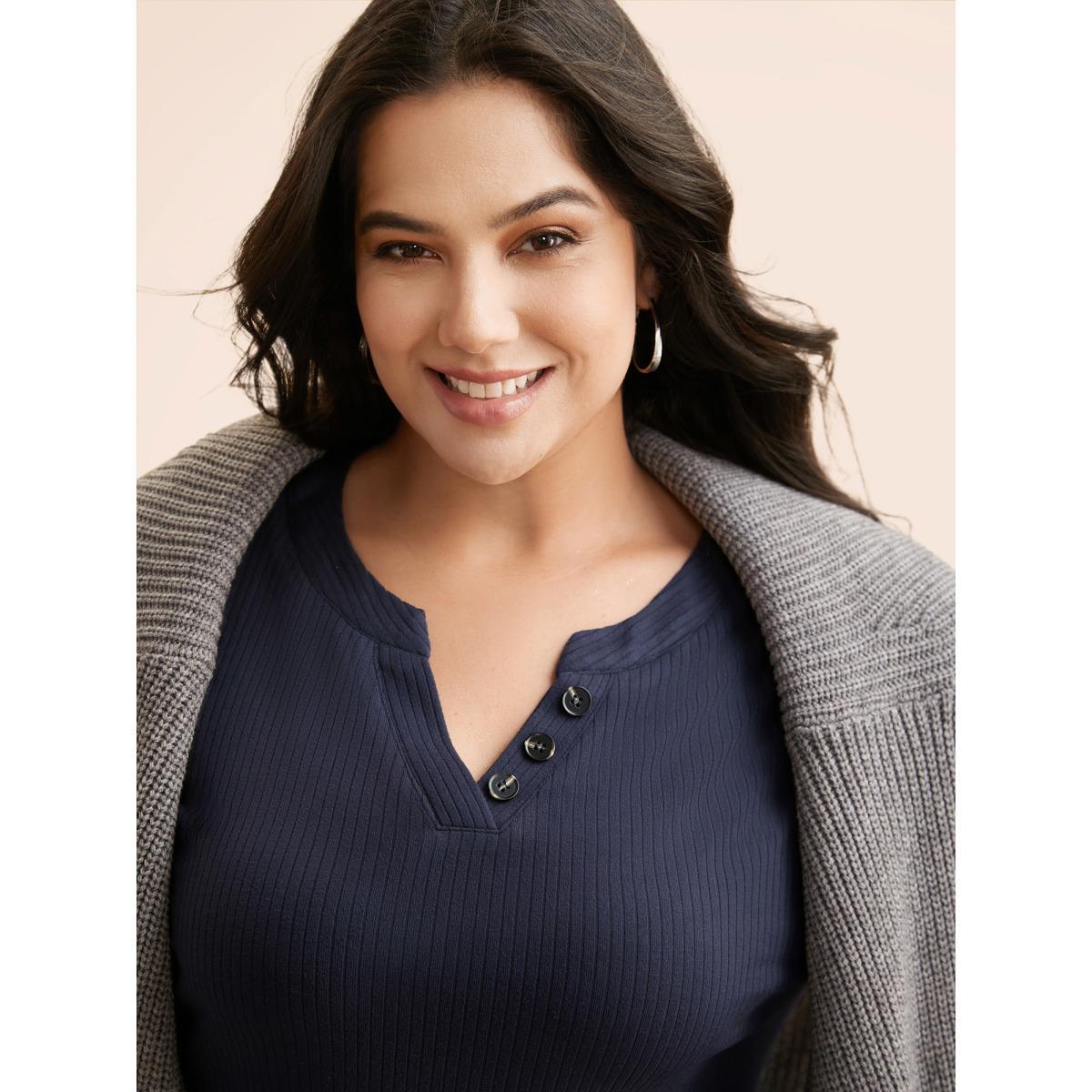 Plus Size Supersoft Essentials Notched Neck Midi Dress Midnight Women Basics Texture Flat collar with V-notch Short sleeve Curvy BloomChic 14-16/1X Product Image