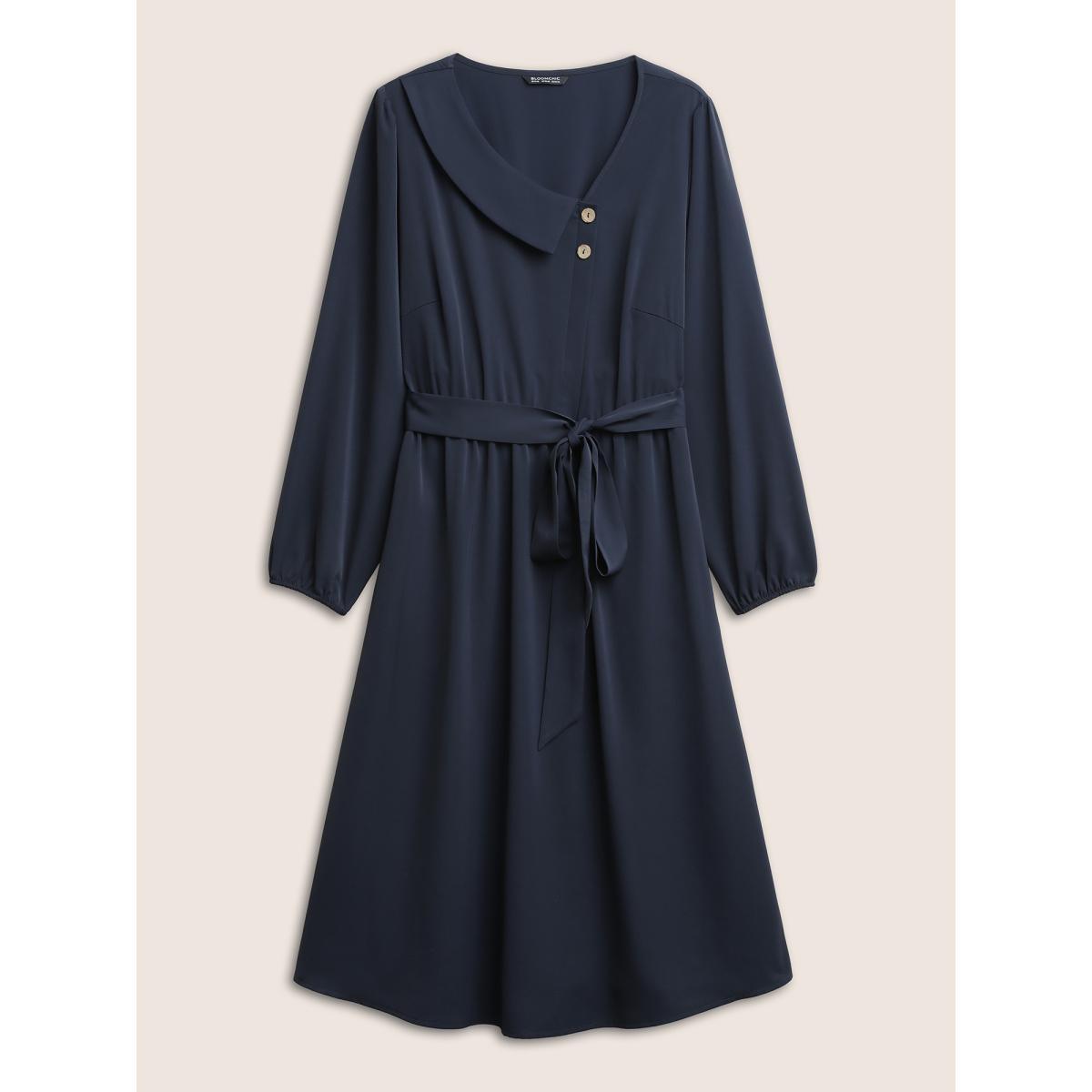 Plus Size Anti-Wrinkle Asymmetrical Neck Button Detail Dress Indigo Women At the Office Non Asymmetrical Neck Long Sleeve Curvy Midi Dress BloomChic 28/5X Product Image