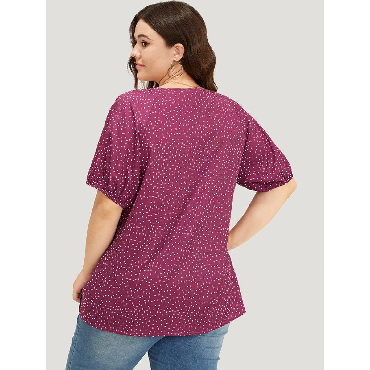 Plus Size RedViolet Polka Dot Pleated Round Neck Puff Sleeve Blouse Women Office Short sleeve Round Neck Work Blouses BloomChic 26/4X Product Image