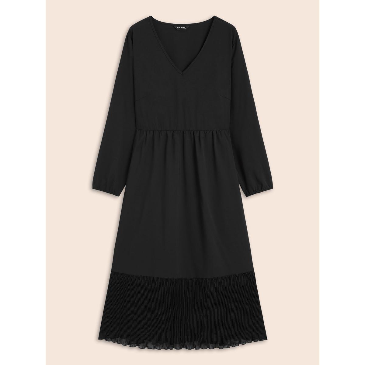 Plus Size Mesh Patchwork Lantern Sleeve Pleated Dress Black Women Elegant See through V-neck Long Sleeve Curvy BloomChic 28/5X Product Image