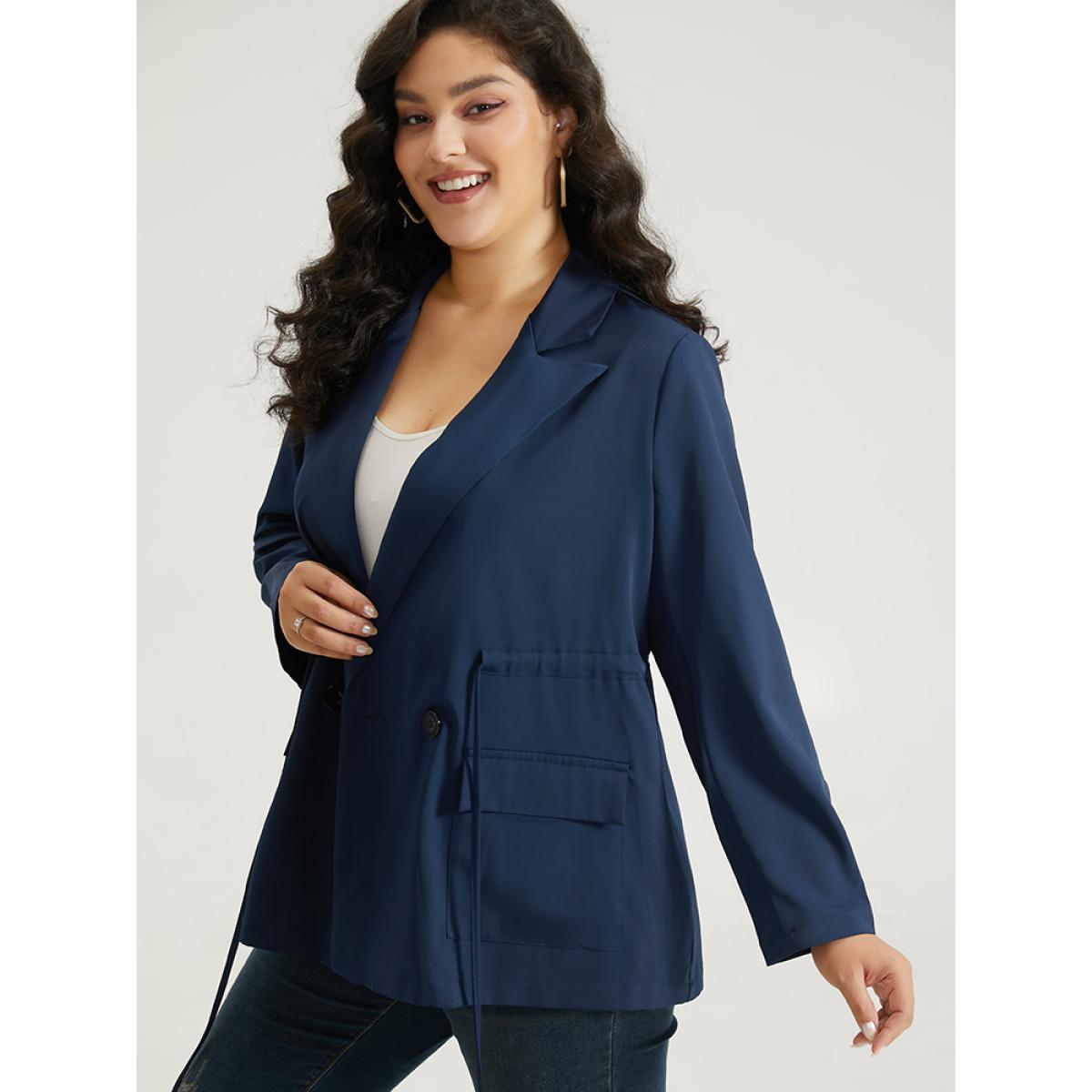 Plus Size Button Up Drawstring Pocket Blazer Indigo Women Work Plain Plain Sleeve Long Sleeve Lapel Collar 10/M Pocket At the Office Blazers BloomChic Product Image