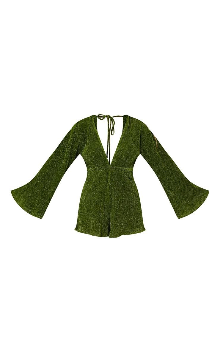 Green Glitter Plisse Flare Sleeve Plunge Romper Product Image