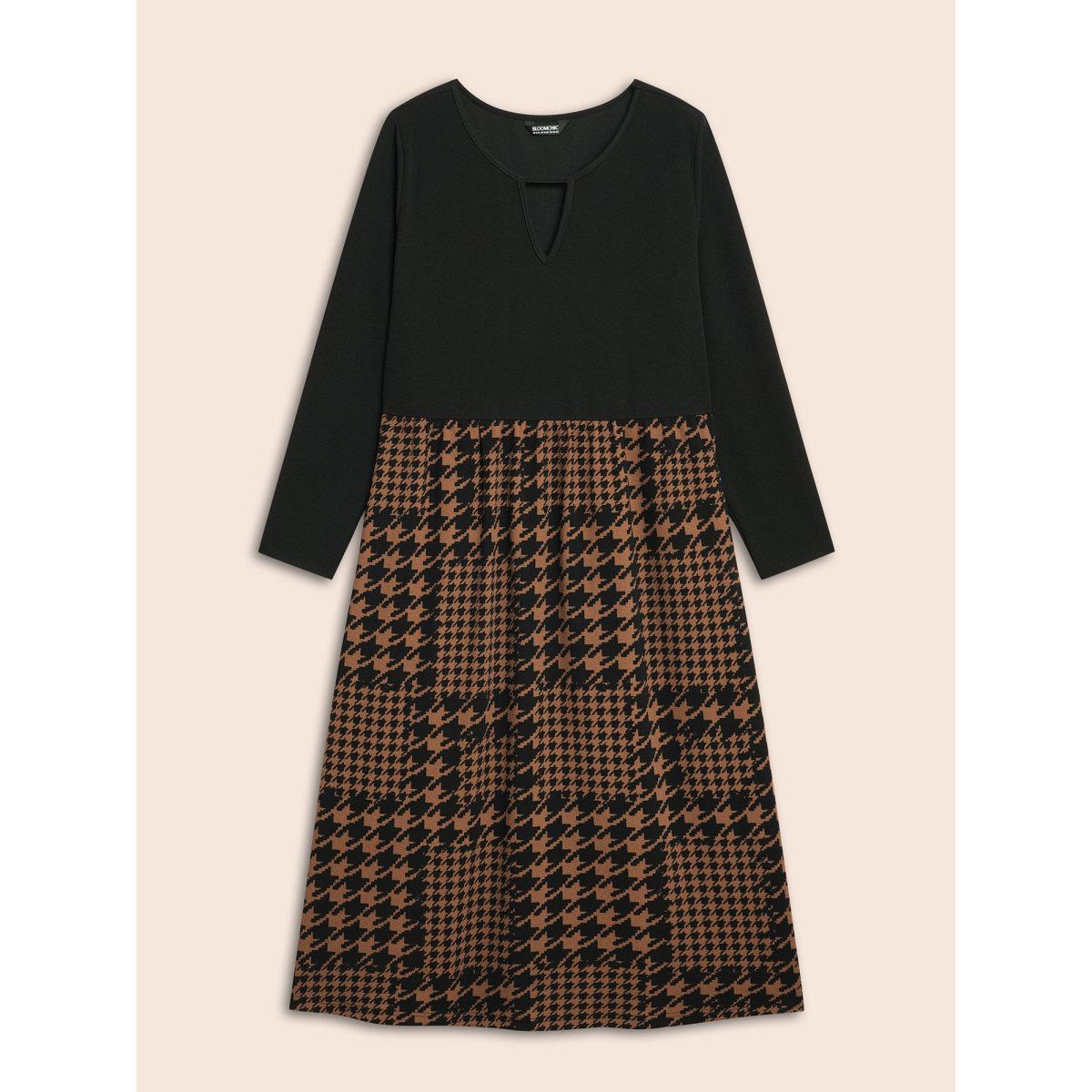 Plus Size Houndstooth Patchwork Cut Out Midi Dress Browncoffeecolor Women At the Office Patchwork Round Neck Long Sleeve Curvy BloomChic 30/6X Product Image