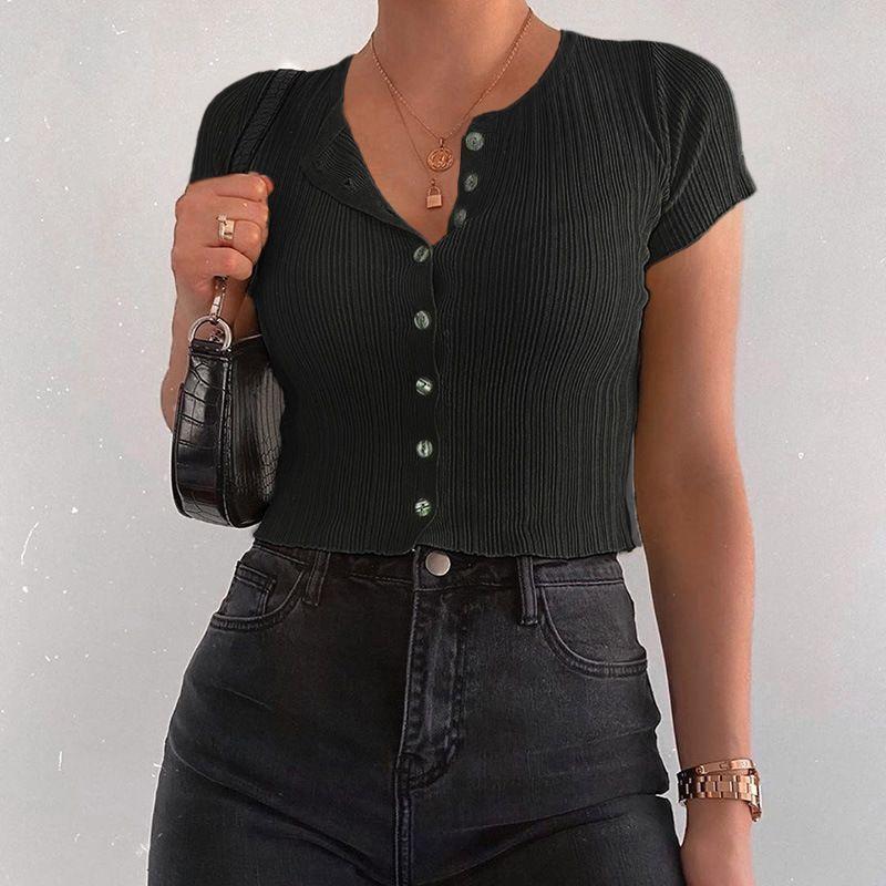 Ribbed Button-Up Short-Sleeve Crop Top Product Image