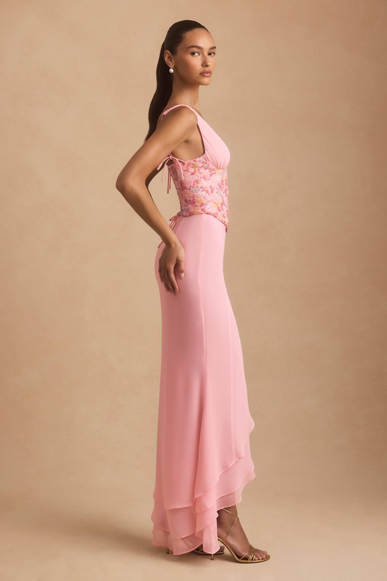 Embellished Plunge Ruffled Corset Maxi Dress in Pink Product Image