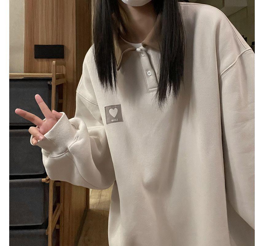 Long-Sleeve Heart Label Applique Polo-Neck Sweatshirt Product Image