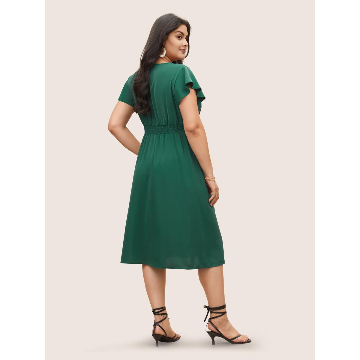 Plus Size Overlap Collar Ruffle Cap Sleeve Gathered Dress Emerald Women Elegant Non Overlap Collar Cap Sleeve Curvy Midi Dress BloomChic 28/5X Product Image