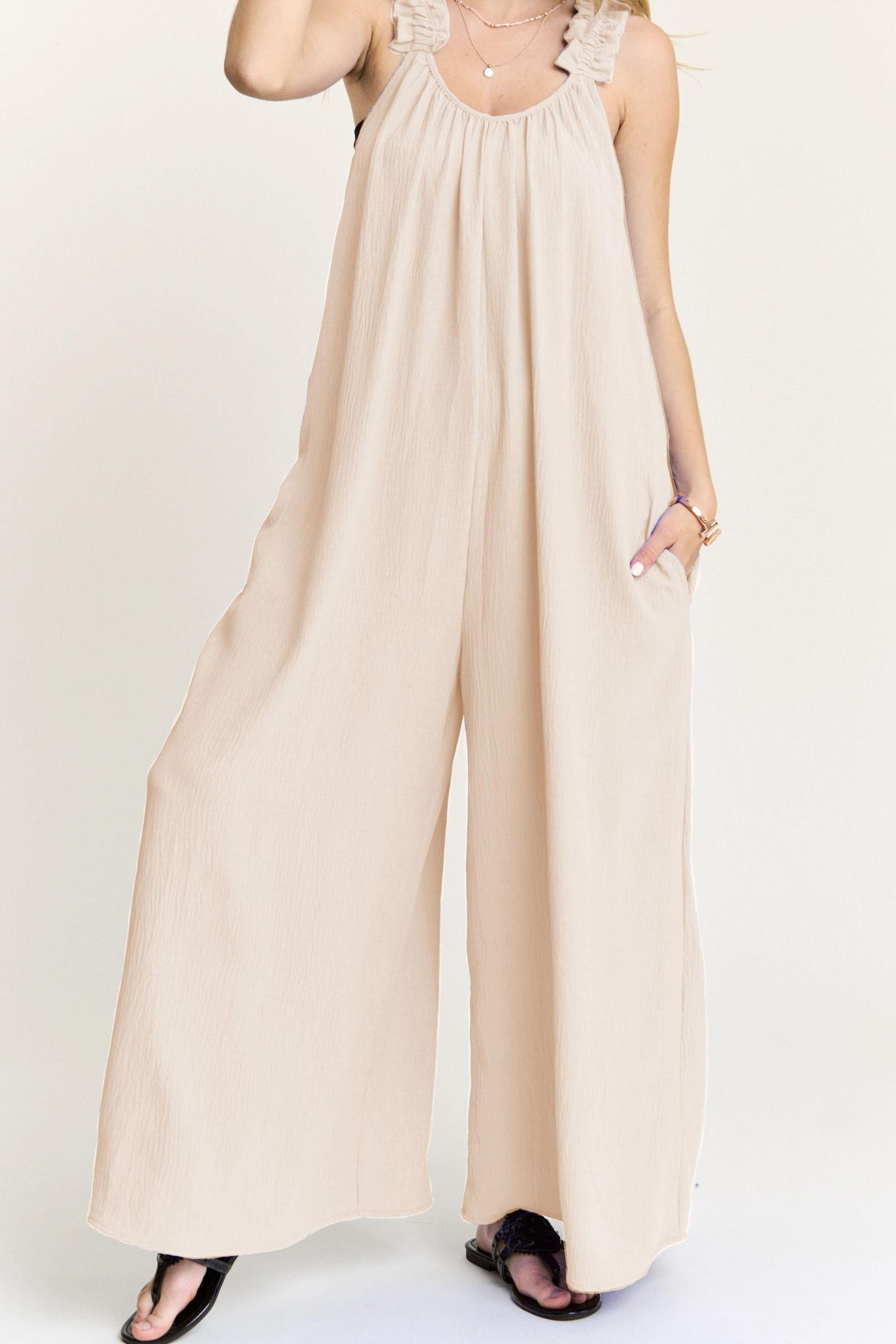 ELASTIC RUFFLE SHOULDER JUMPSUIT Product Image