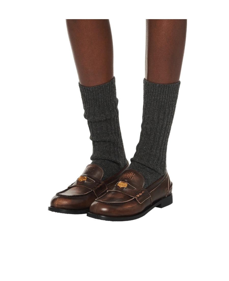 MIU MIU Leather Distressed Penny Loafers In Brown Product Image