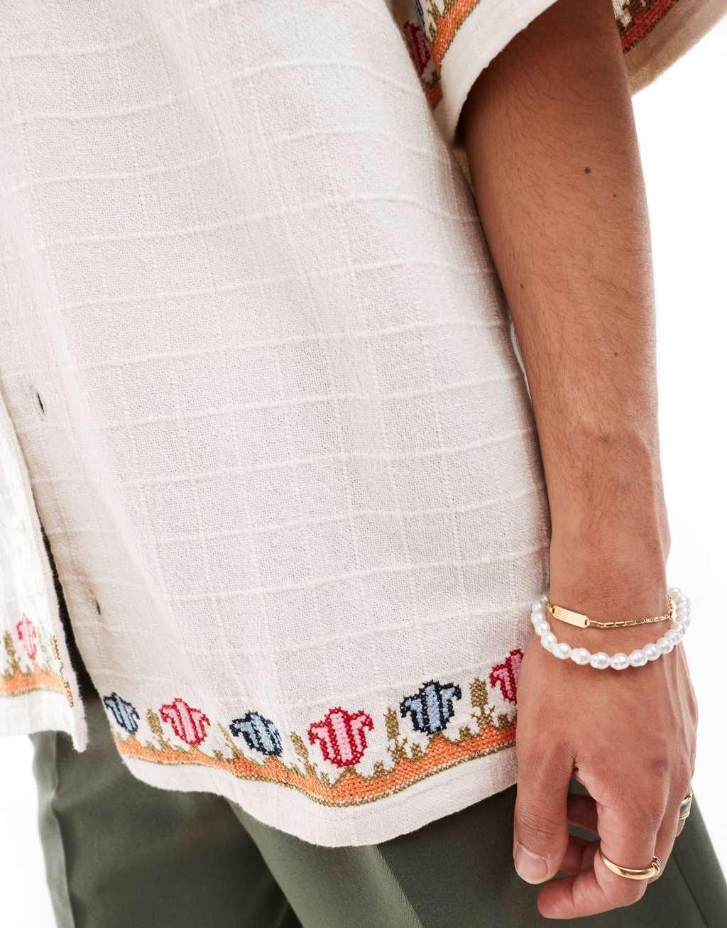 Reclaimed Vintage oversized revere shirt with embroidery in white  Product Image