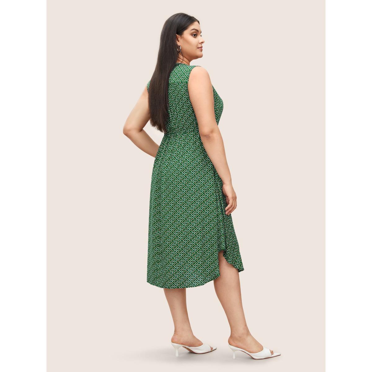 Plus Size Geometric Half Zip Drawstring Arc Hem Dress Teal Women At the Office Drawstring Flat collar with V-notch Sleeveless Curvy BloomChic 10/M Product Image