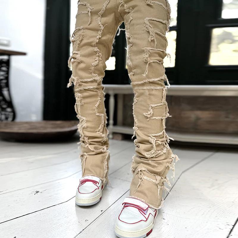 Unisex Men's Hiphop Fashion Elastic Patch Denim Straight Pants Product Image