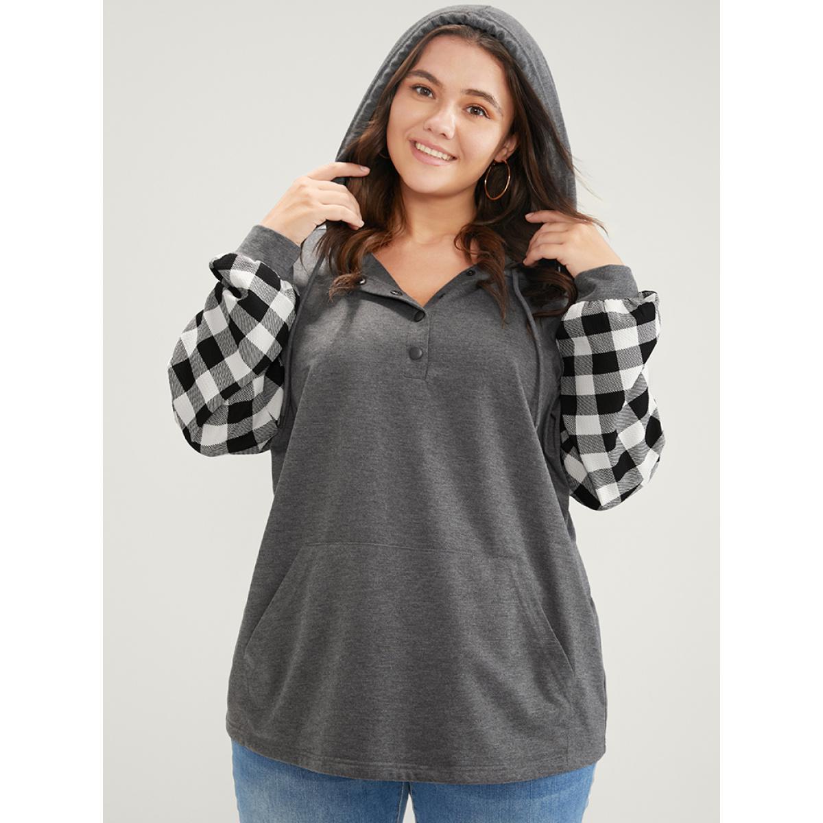 Plus Size Gingham Pocket Button Up Hooded Sweatshirt Women DimGray Casual Contrast Hooded Dailywear Sweatshirts BloomChic 14-16/1X Product Image