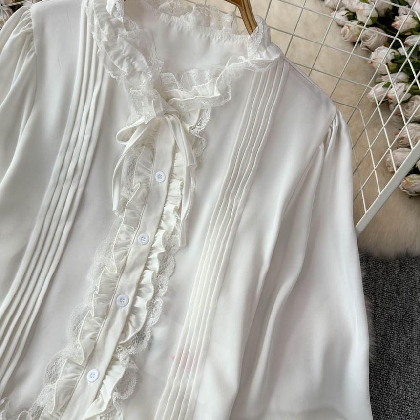Balloon-Sleeve Frill Trim Plain Crop Shirt Product Image