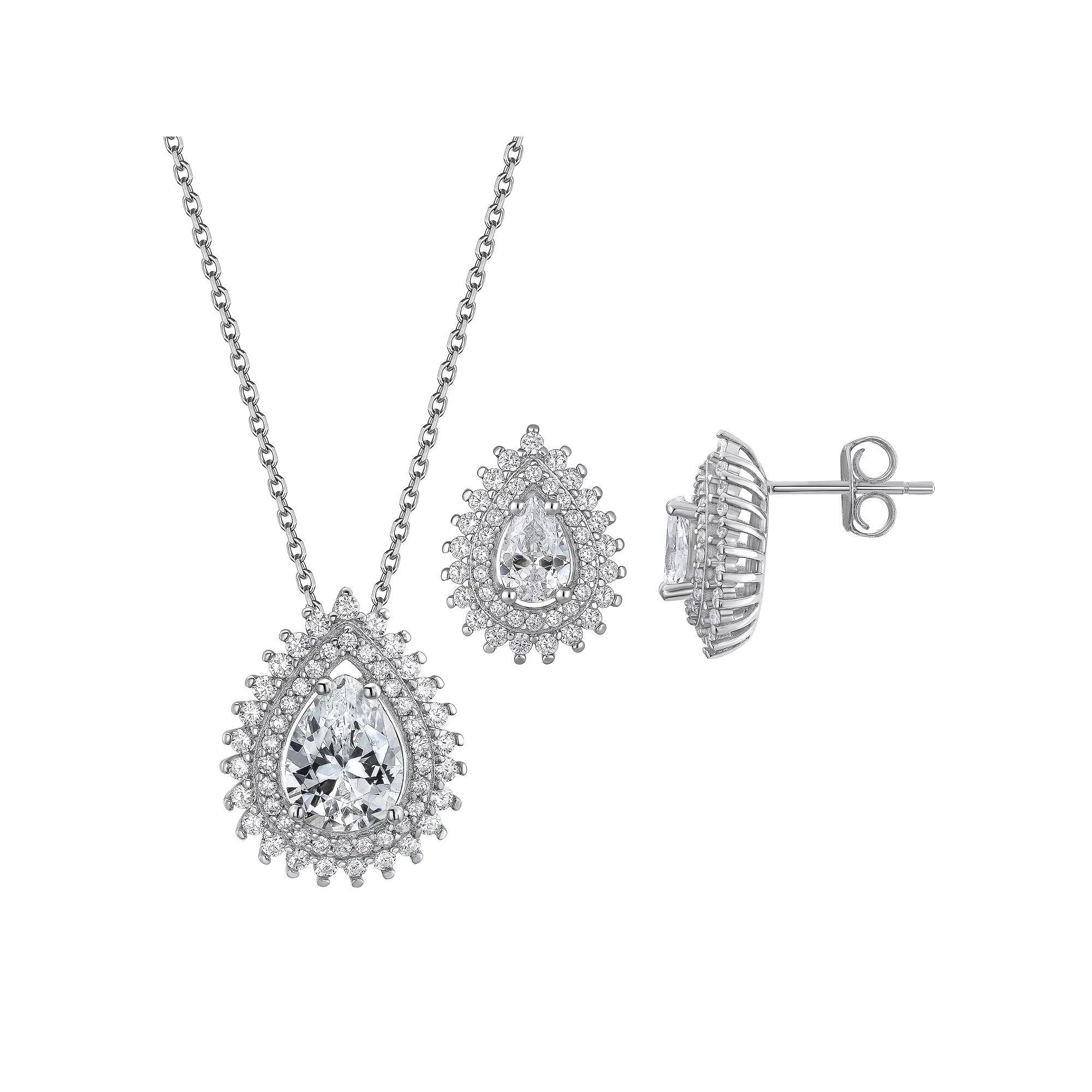 Argento Forte Sterling Silver Pear Cubic Zirconia Pendant Necklace & Stud Earring Set, Women's, Size: 18" Product Image