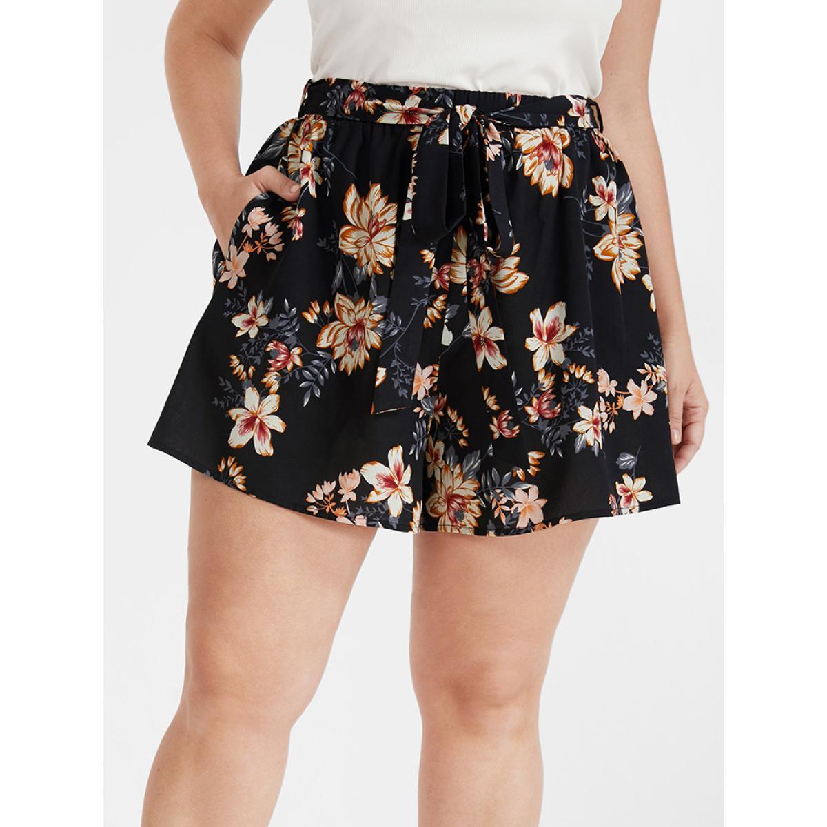 Plus Size Floral Belted Pocket Elastic Waist Shorts Women BlackFlower Casual Belted Dailywear Shorts BloomChic 10/M Product Image