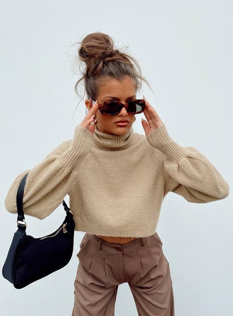 Zahara Cropped Turtleneck Sweater Beige Product Image