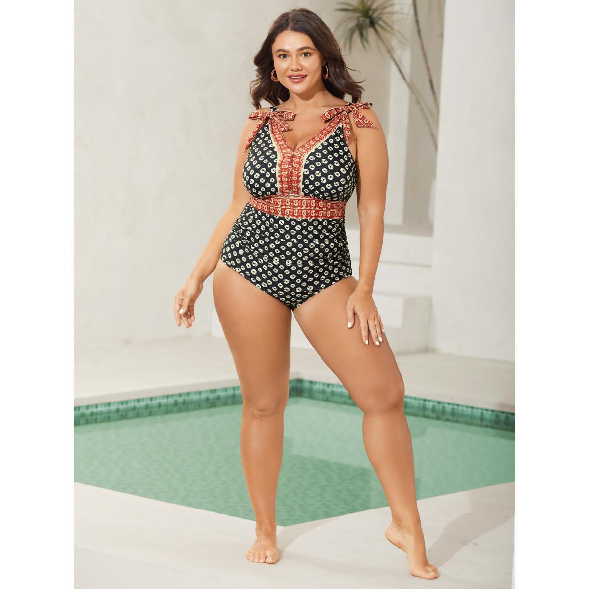Plus Size Bandana Print Two Tone Knotted One Piece Swimsuit Women's Swimwear Black Beach Non Curve Bathing Suits No stretch One Pieces BloomChic 14-16/1X Product Image