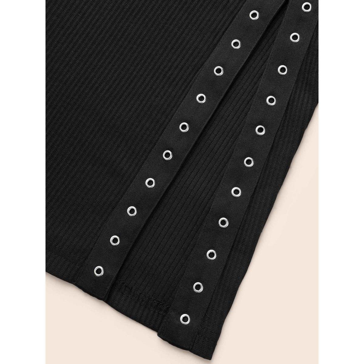 Plus Size Crew Neck Eyelet Split Hem Dress Black Women Casual Eyelet Round Neck Long Sleeve Curvy BloomChic 12/L Product Image