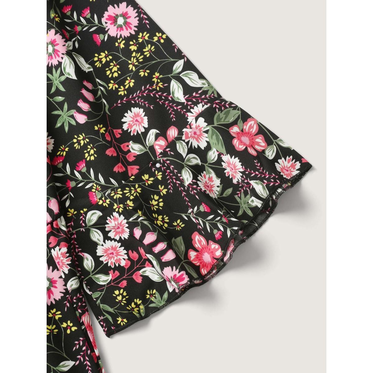 Plus Size Floral Ruffled Square Neck Midi Dress Black Women Ruffles Square Neck Elbow-length sleeve Curvy BloomChic 26/4X Product Image
