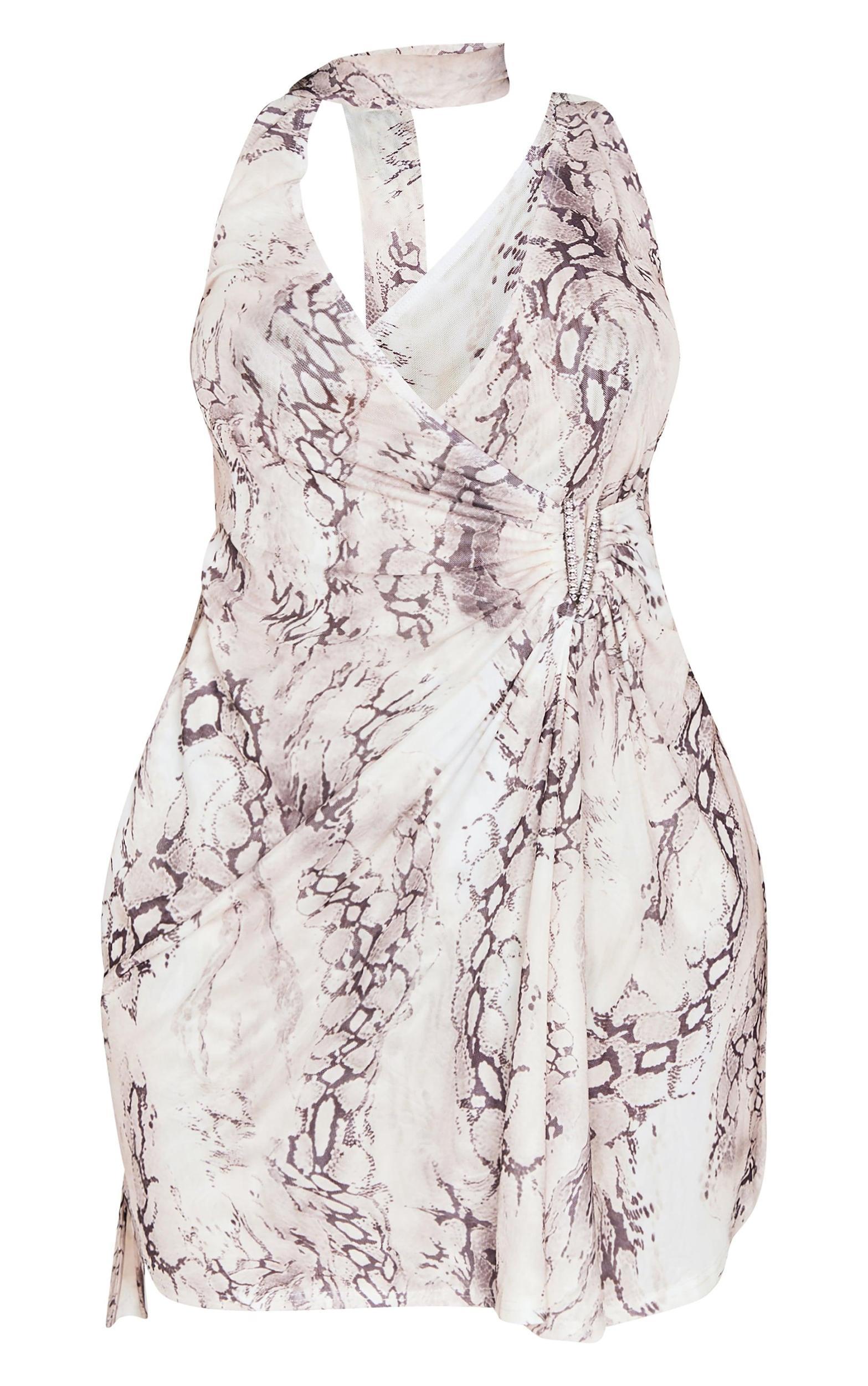 Shape White Snake Print Halter Neck Deep Plunge Diamante Trim Mini Dress Product Image