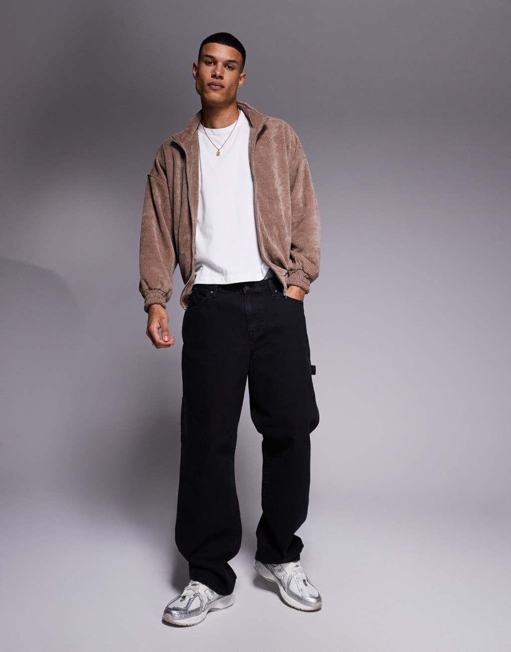 ASOS DESIGN oversized waffle funnel neck jacket in brown Product Image