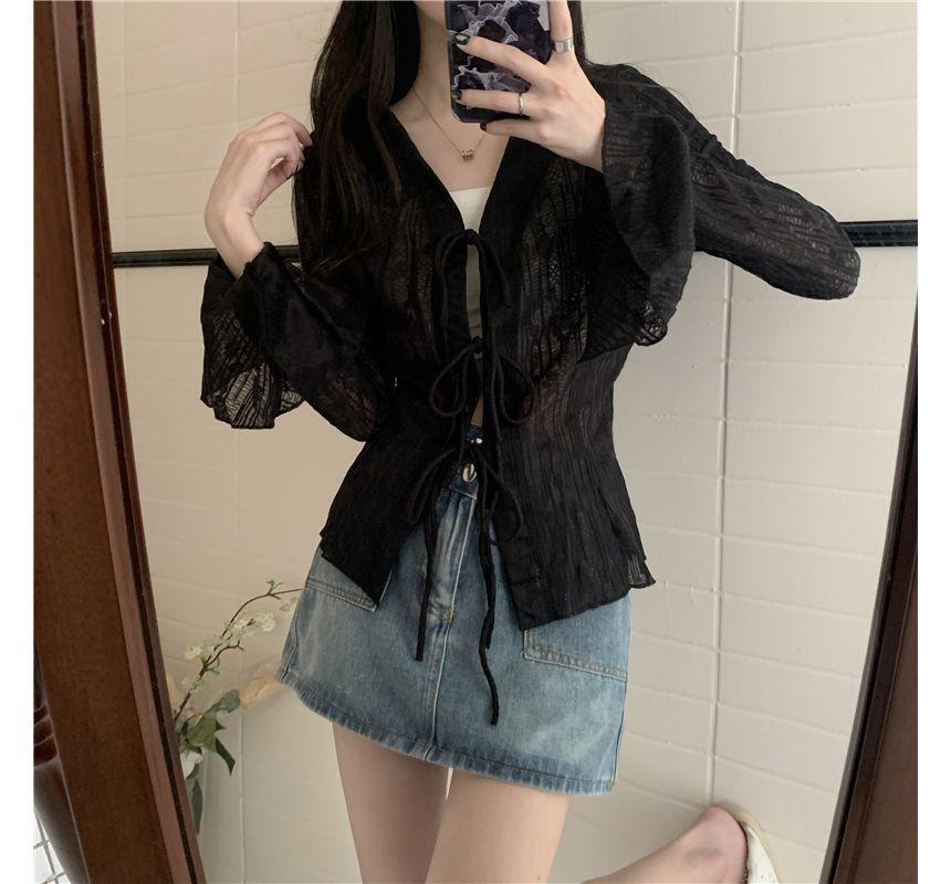 Long-Sleeve Plain Tie Front Shirt Product Image