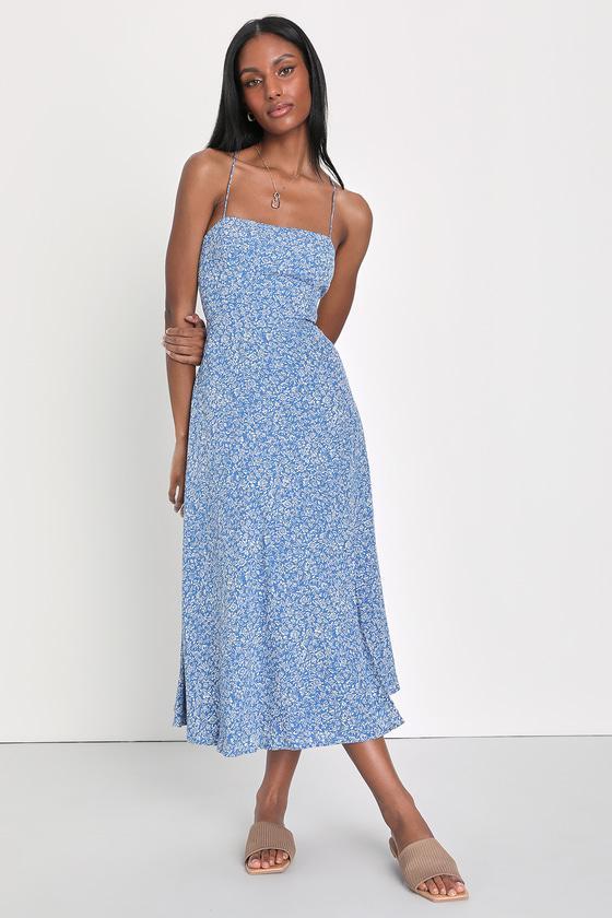 Charming Dedication Blue Floral Sleeveless Lace-Up Midi Dress Product Image