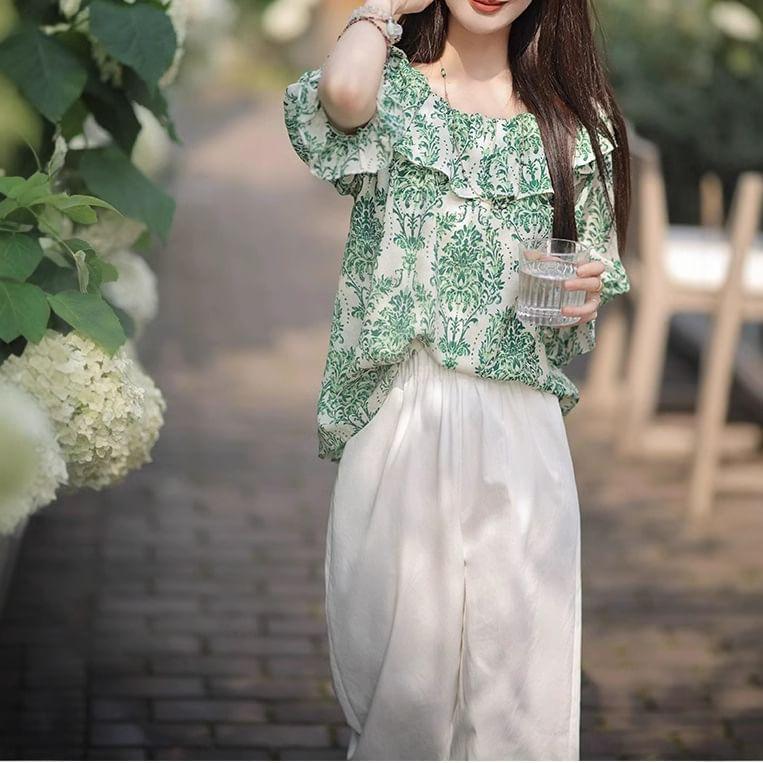 3/4-Sleeve Off-Shoulder Print Blouse Product Image