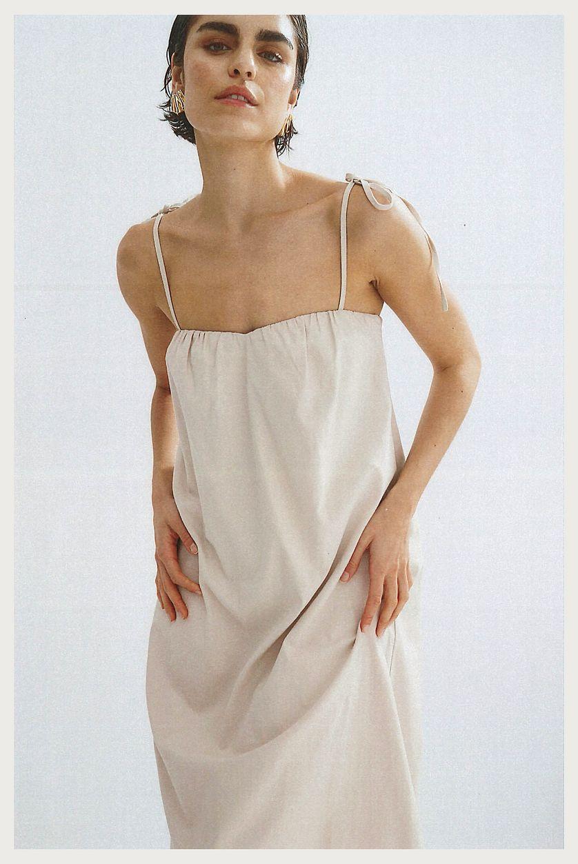 Linen Blend Tie Strap Midi Dress Product Image