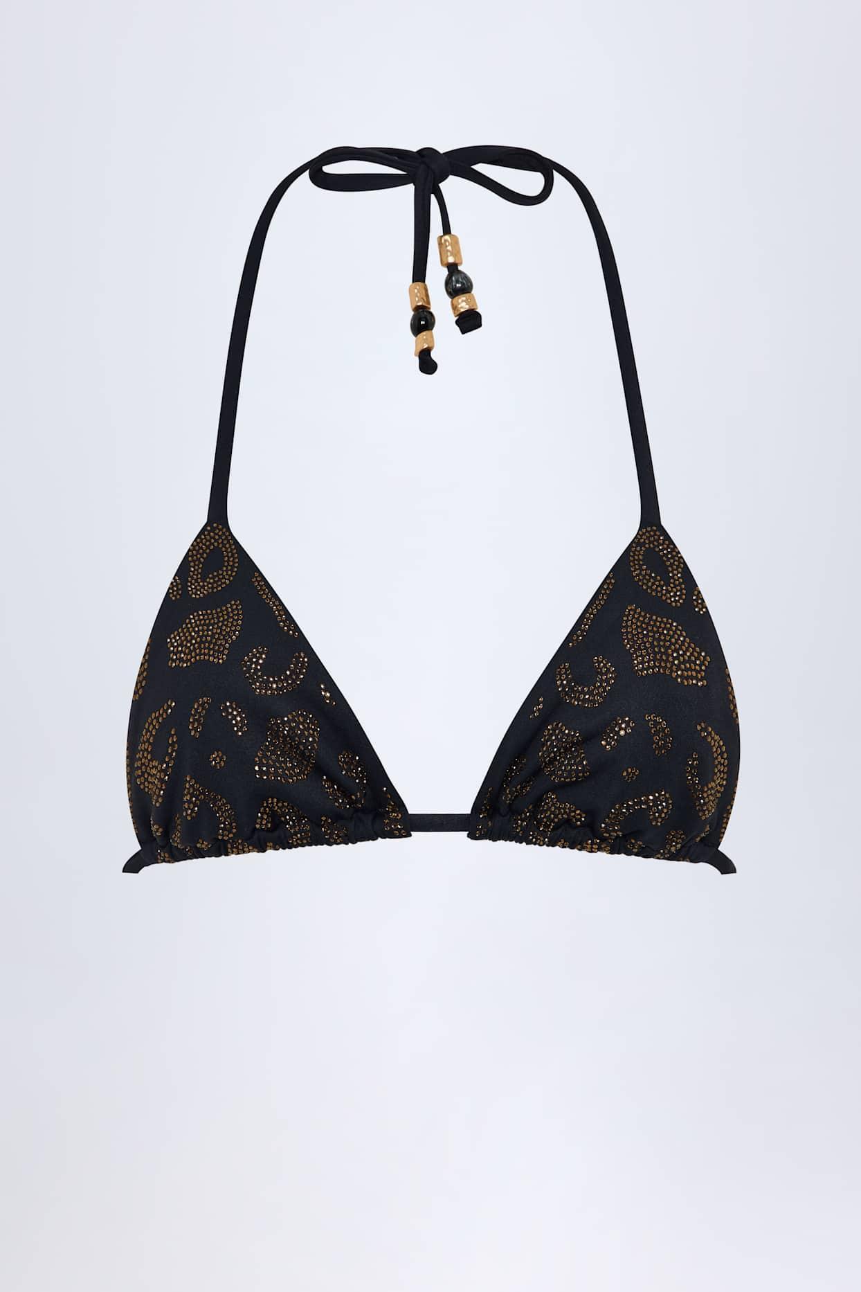 Bead-Detail Triangle Bikini Top in Black Leopard Hotfix Product Image