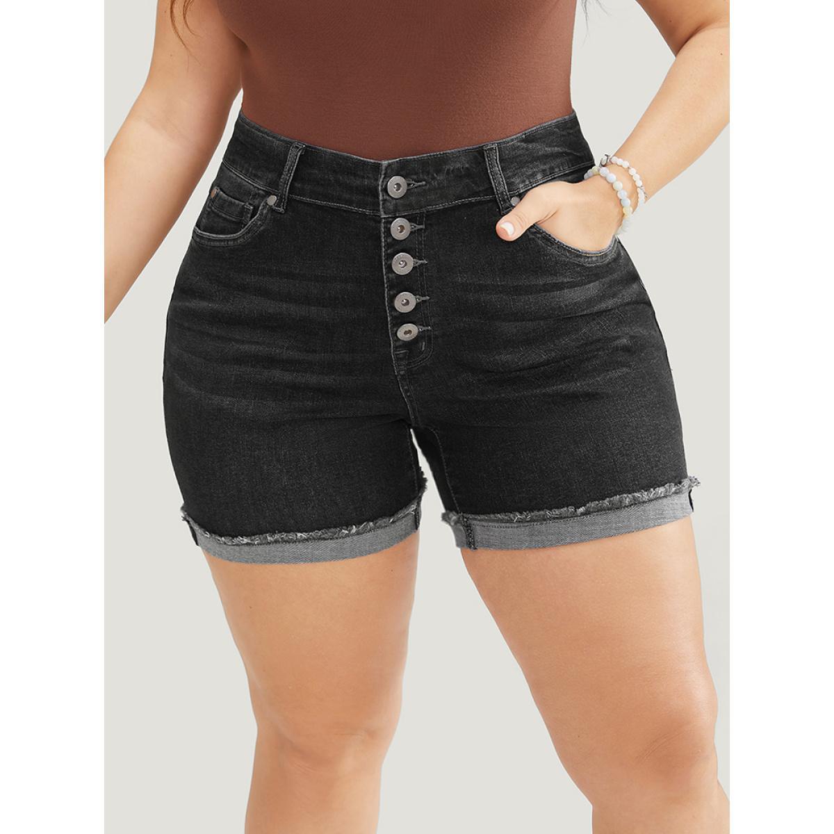 Plus Size Skinny Very Stretchy Dark Wash Single Breasted Denim Shorts Women DarkGray High stretch Dailywear Pocket Casual Denim Shorts BloomChic 10/M Product Image
