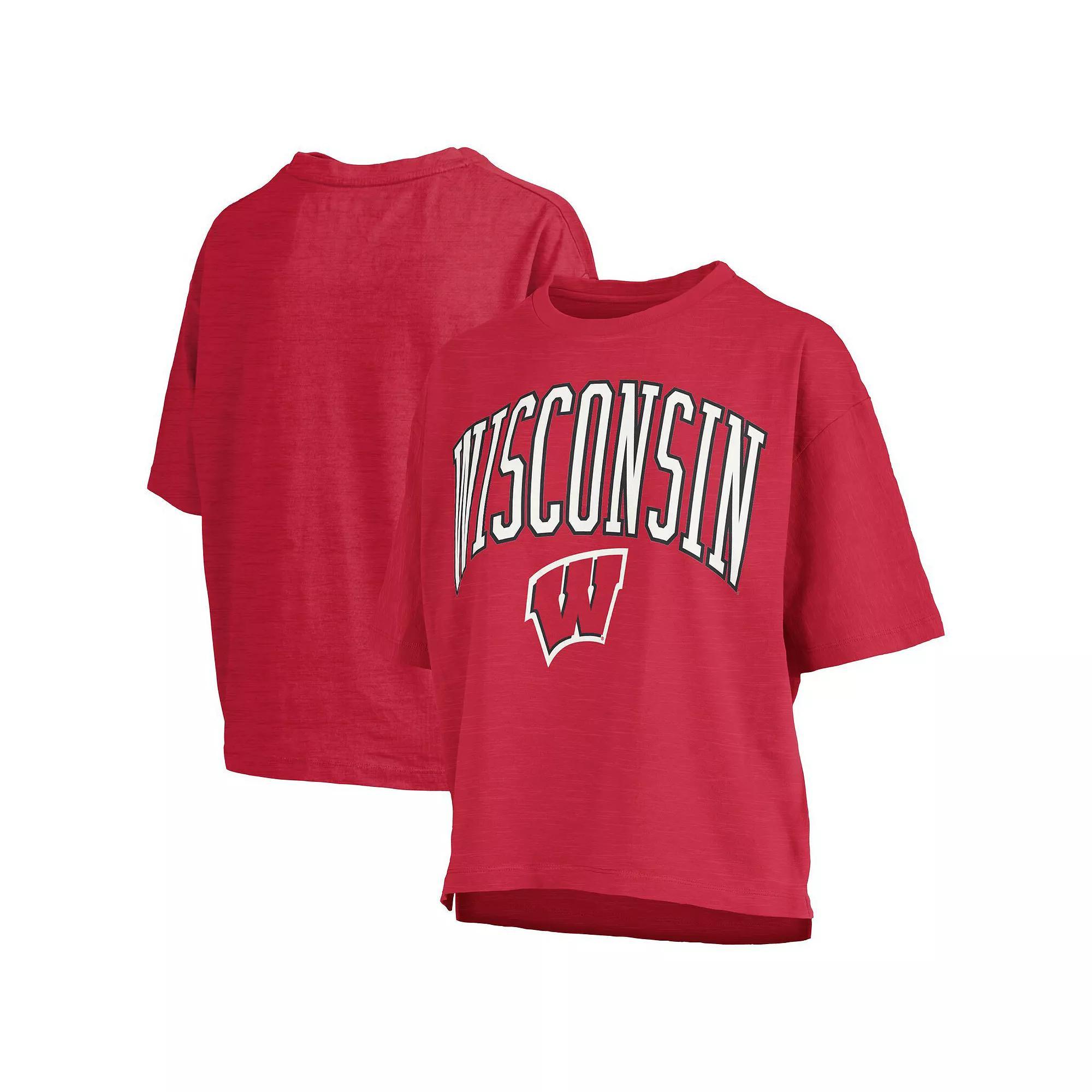 Women's Pressbox Red Wisconsin Badgers Nelson Arch Over Logo Waist Length Oversized Slub T-Shirt, Size: XL Product Image